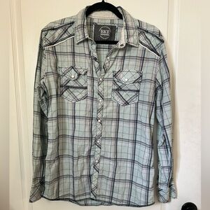 BKE Women’s Light Blue Plaid Button Down Western Shirt.  Size M